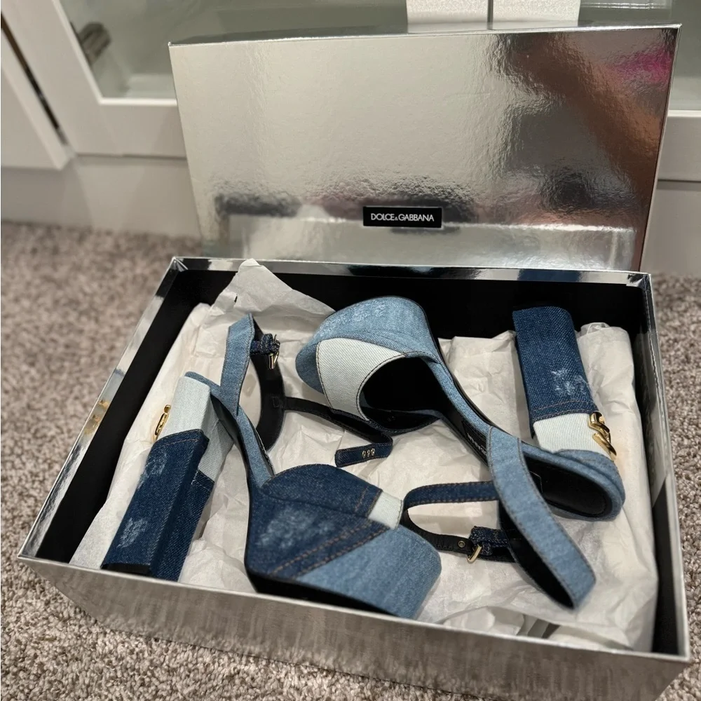 Dolce & gabana patchwork Denim Platform Sandals size 38.5 - Picture 12 of 13